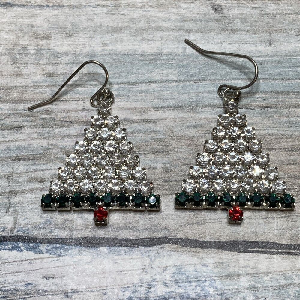 Christmas Tree EARRINGS Rhinestones Clear Green‎ Red Hook Dangle Drop
